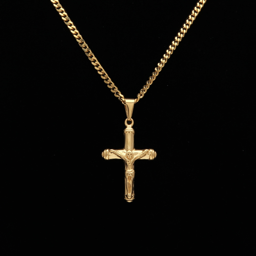 Jesus Cross Necklace Gold Plated Stainless Steel Pendant Fashion Religious Faith Necklaces Mens Hip Hop Jewelry