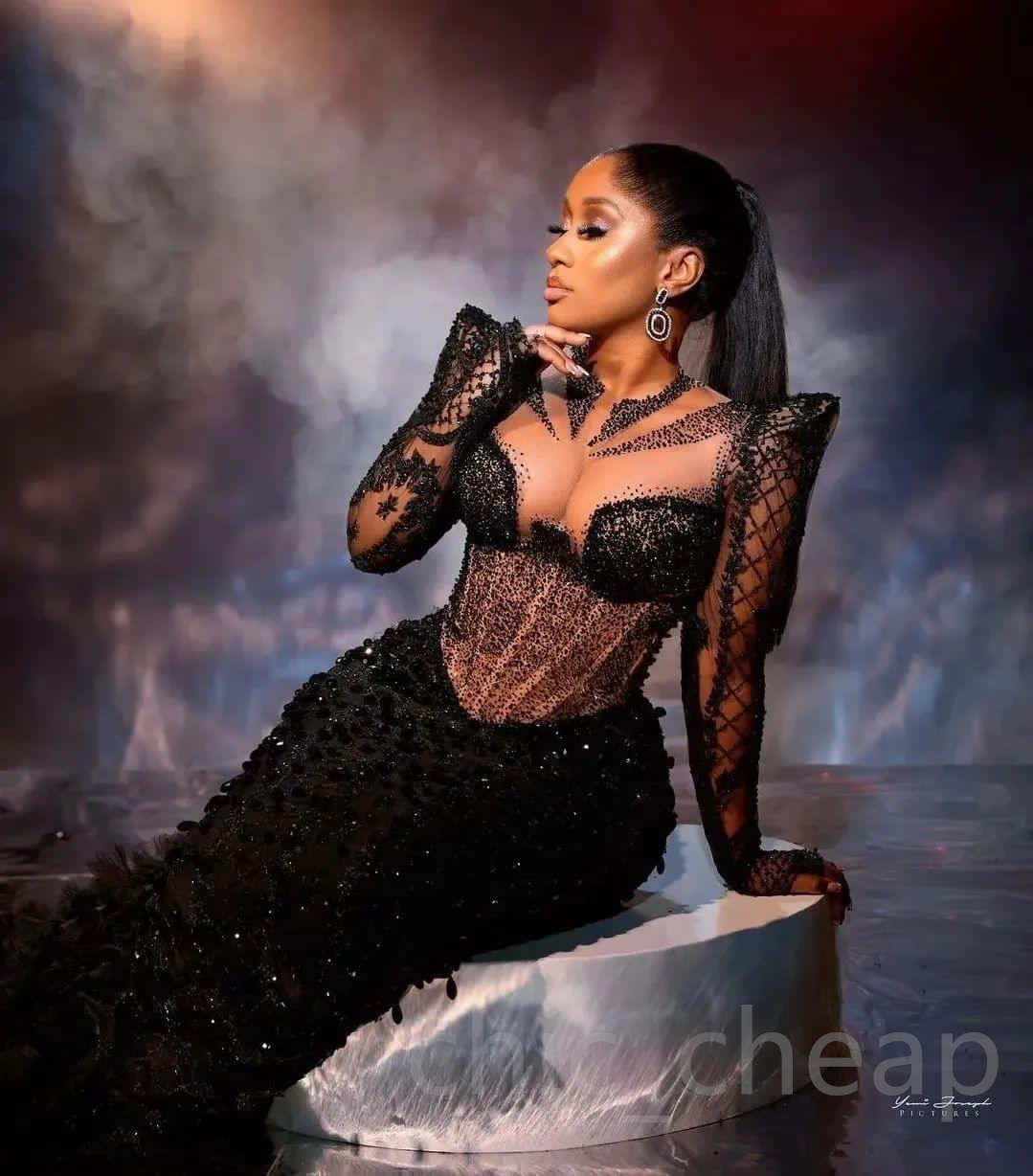 Augut 2023 Ao Ebi Mermaid Black Prom Dre Sequined Lace Beaded Evening Formal Party Second Reception Birthday Engagement Gown Dree Robe De Soiree Zj794