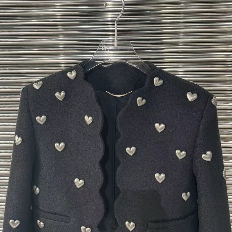Women's Jackets LANMREM Long Sleeve Heart Beading Jacket Woman V Neck Black Color Chic Jackets Female Streetwear Fashion Tops Spring 2R2279 23081