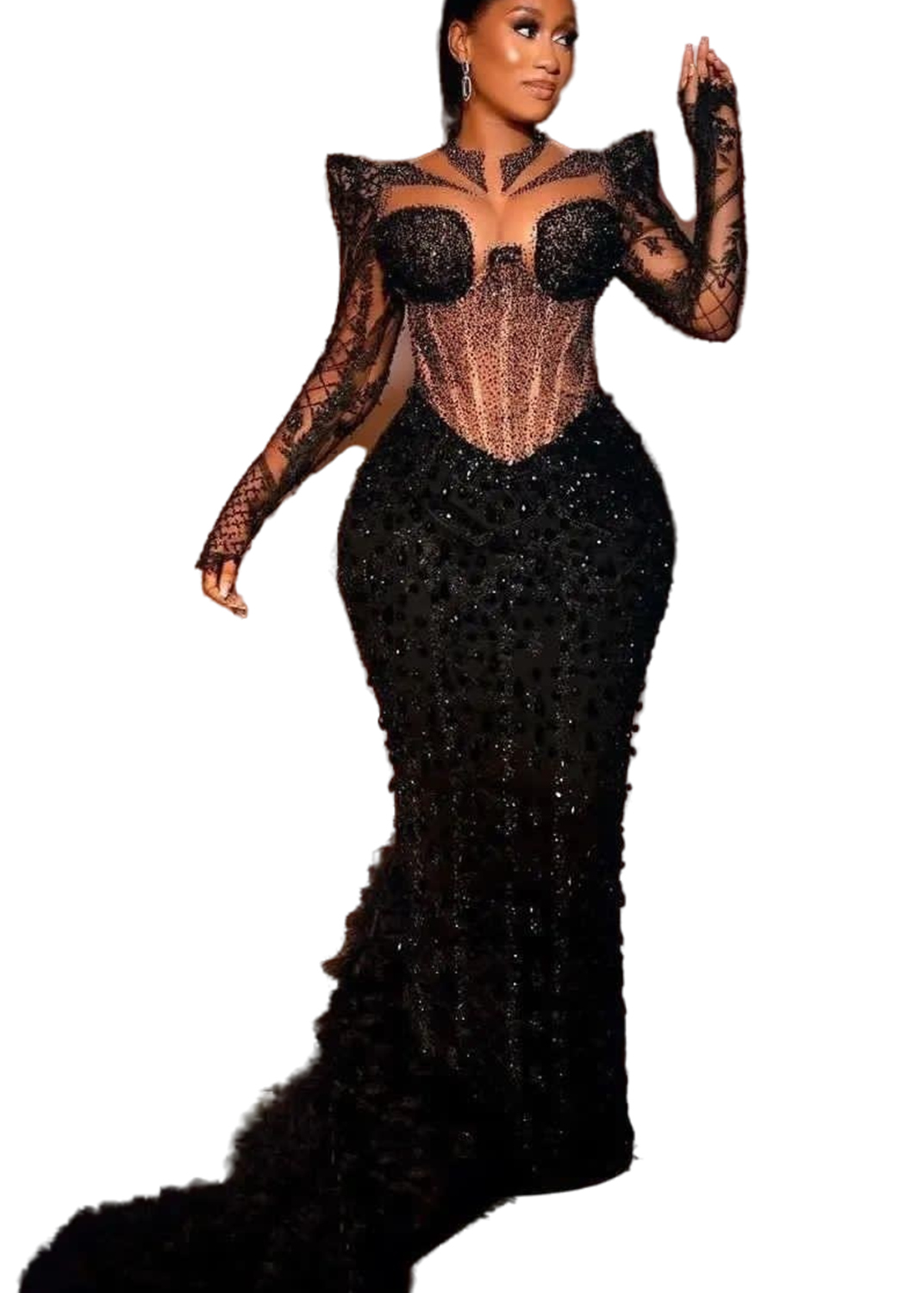 Augut 2023 Ao Ebi Mermaid Black Prom Dre Sequined Lace Beaded Evening Formal Party Second Reception Birthday Engagement Gown Dree Robe De Soiree Zj794