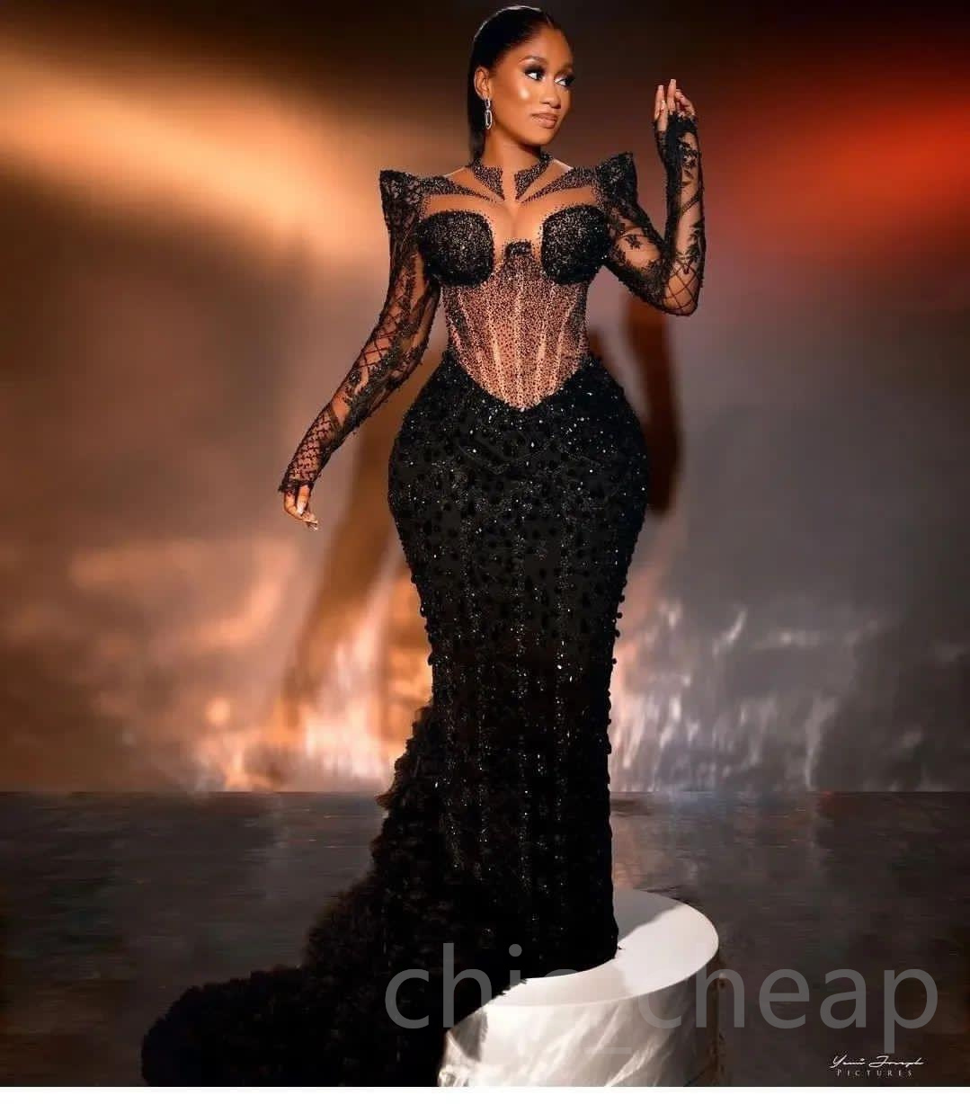 Augut 2023 Ao Ebi Mermaid Black Prom Dre Sequined Lace Beaded Evening Formal Party Second Reception Birthday Engagement Gown Dree Robe De Soiree Zj794
