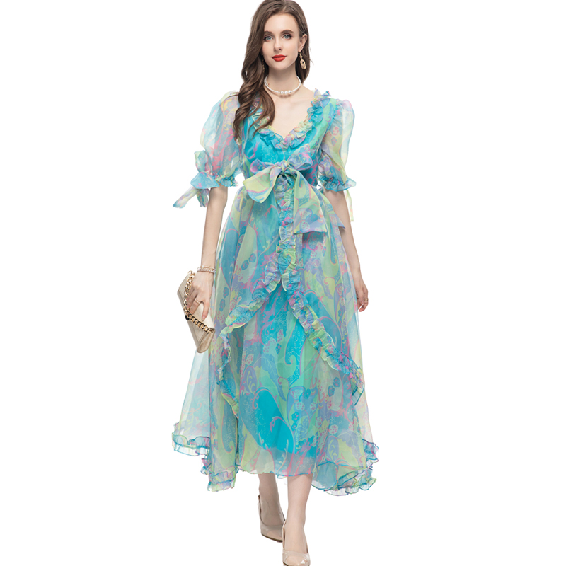 Women's Runway Dresses V Neck Half Sleeves Printed Bow Detailing Ruffles Fashion Organza Party Prom Vestidos