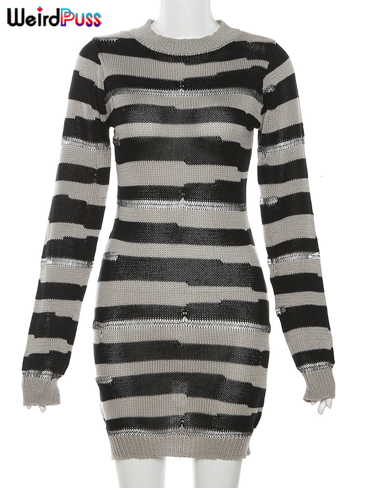 Basic Casual Dresses Weird Puss Knit Striped Dress Women Autumn Trend Ripped Long Sleeve oNeck Sweater Bodycon Streetwear Stretch Sexy Thin Clothes 23