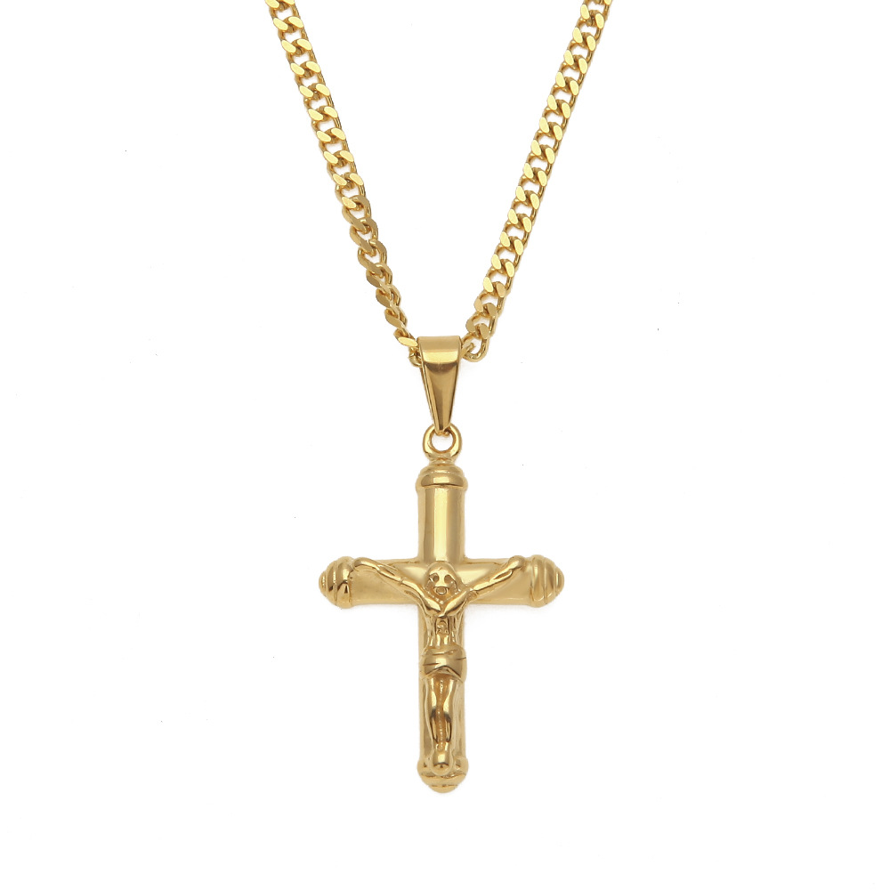 Jesus Cross Necklace Gold Plated Stainless Steel Pendant Fashion Religious Faith Necklaces Mens Hip Hop Jewelry