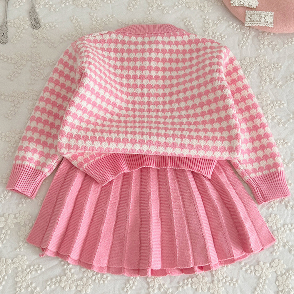 Clothing Sets Two Piece Set Houndstooth Button Front Pink Toddler Baby Girls Fall Outfits Long Sleeve Knitted Sweater Tops Pleated Mini Skirt 230812