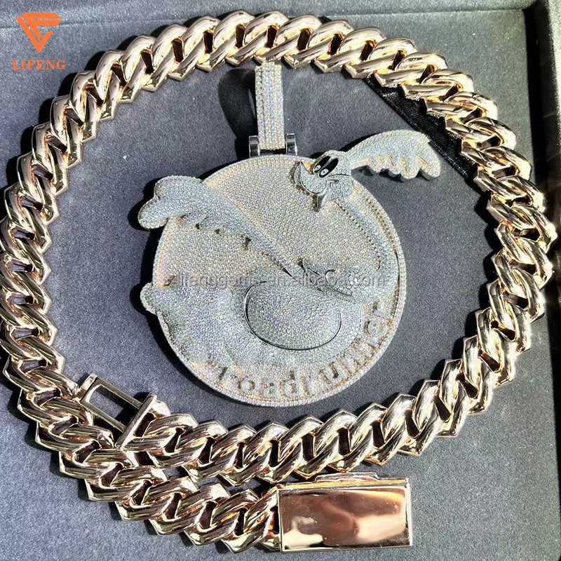 Fashion Design Solid Sier Gra Moissanite 18mm 20mm Wide Dia Iced Out Pendant Necklace Cuban k Chain for Rapper