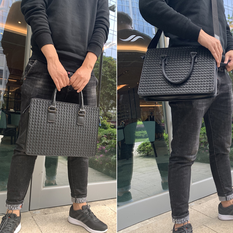5A Designer Portable Briefcase Brand Top Men's Leather Single-Shoulder A4 Magazine Fashion Laptop Simple Business Handmade Woven Bag 2023 New