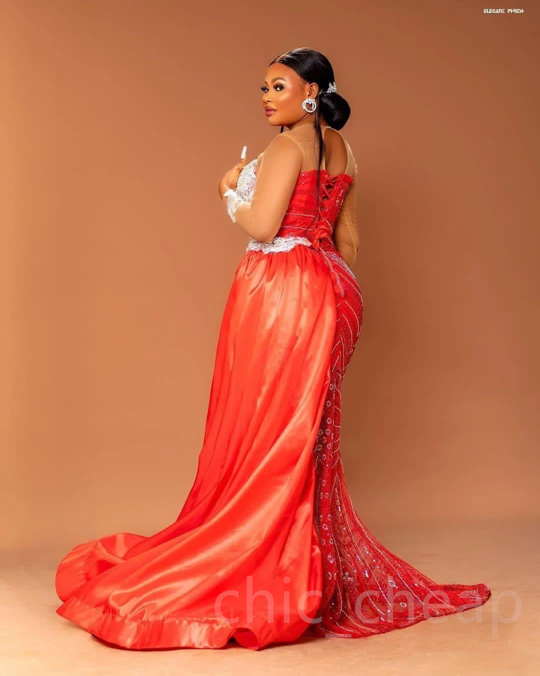 Aso August Ebi Red Mermaid Prom Dress Lace Beaded Crystals Evening Formal Party Second Reception Birthday Engagement Gowns Dresses Robe De Soiree Zj e