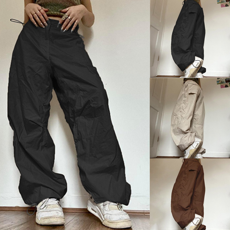Womens Pants Capris Women Y2K Cargo Casual Low Waist Drawstring Joggers Tech Baggy Trousers Vintage Loose Solid Wide Leg Streetwear 230812