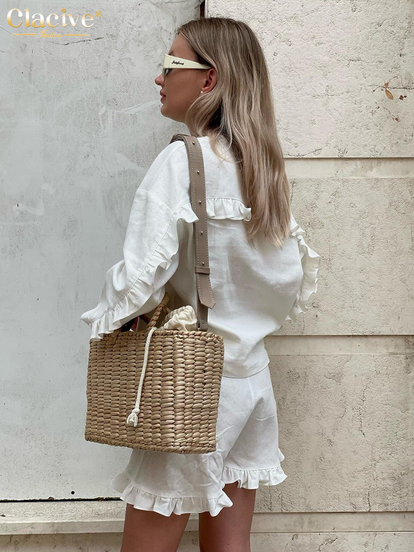 Women's Two Piece Pants Clacive Fashion Beige Linen 2 Set Outfit Casual Loose Long Sleeve Shirts With High Waist Ruffle Shorts Female 230812