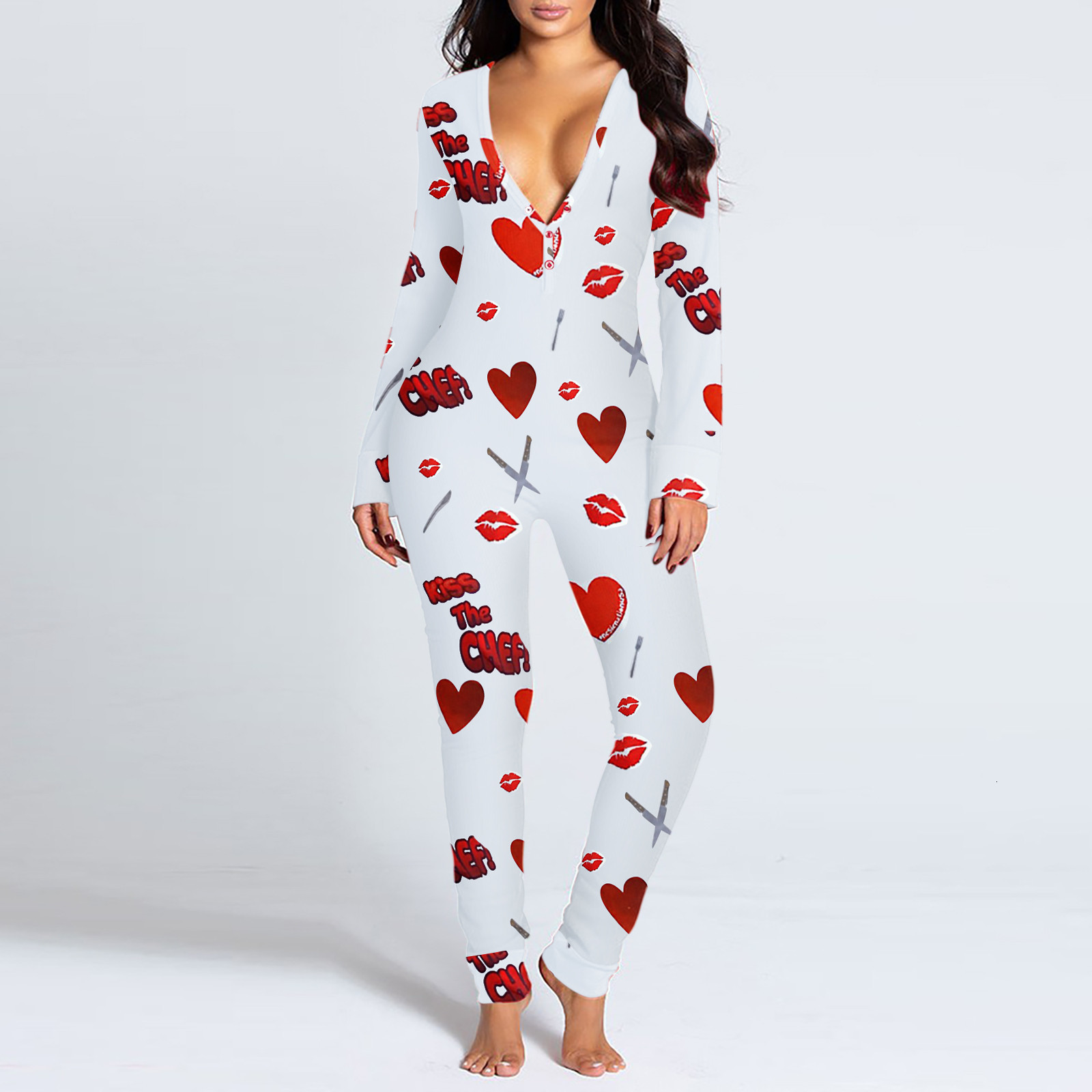 Women's Jumpsuits Rompers Women V-neck Print Long Sleeve Button-down Front Functional Buttoned Flap Adults Jumpsuit Bodycon Sleepwear Nightwear S