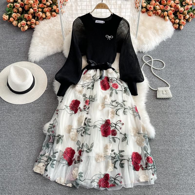 Casual Dresses Mesh Embroidery Patchwork Knitting Dress Women O Neck Long Sleeve Bandage Vintage Elegant Evening Party Spring Autumn