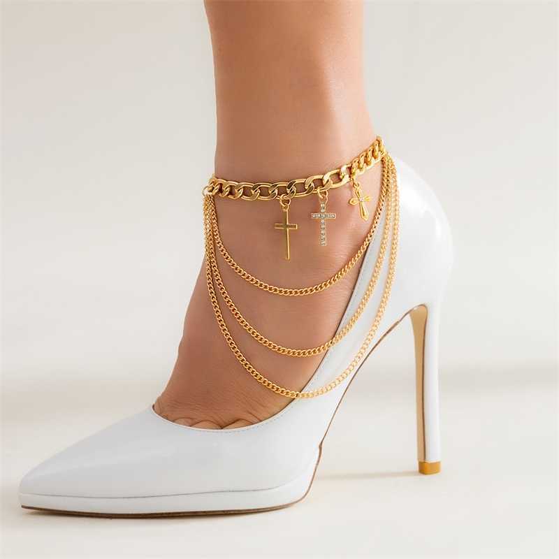 Hot Multilayer Rhinestone Cross Pendant High Heel Anklet for Women Punk Gold Color Cuban Chain Long Tassel Foot 230719