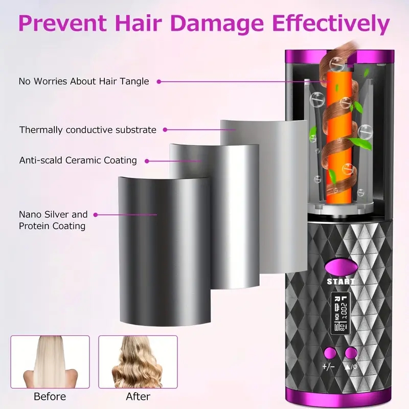 Automatic Curling Iron, Cordless Auto Hair Curler, Ceramic Rotating Hair Curler With 6 Temps & Timers, Portable Rechargeable Curling Wand,Fast Heating