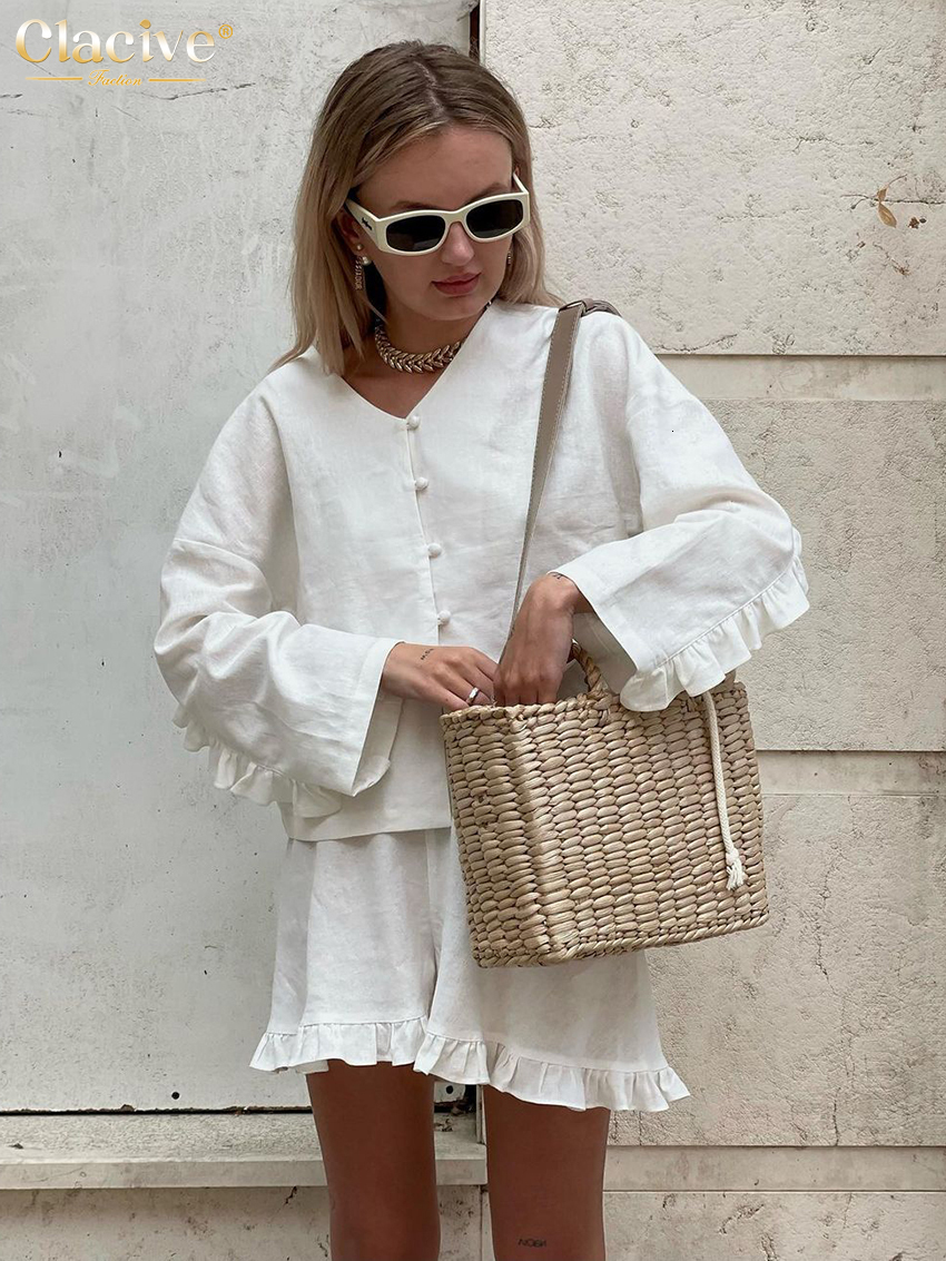 Women's Two Piece Pants Clacive Fashion Beige Linen 2 Set Outfit Casual Loose Long Sleeve Shirts With High Waist Ruffle Shorts Female 230812