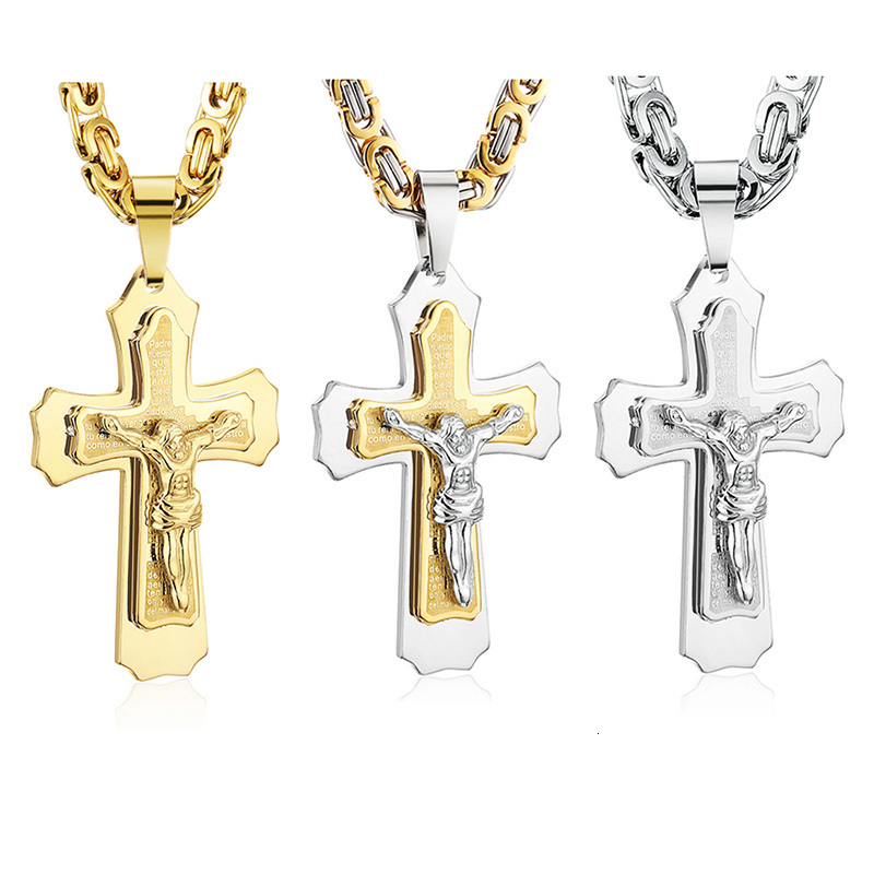 Pendant Necklaces Religious Catholic Crucifix Jesus Cross Necklace for Men Cross Pendent with Bible Necklace Men Byzantine Chain Jewelry Gifts 230814
