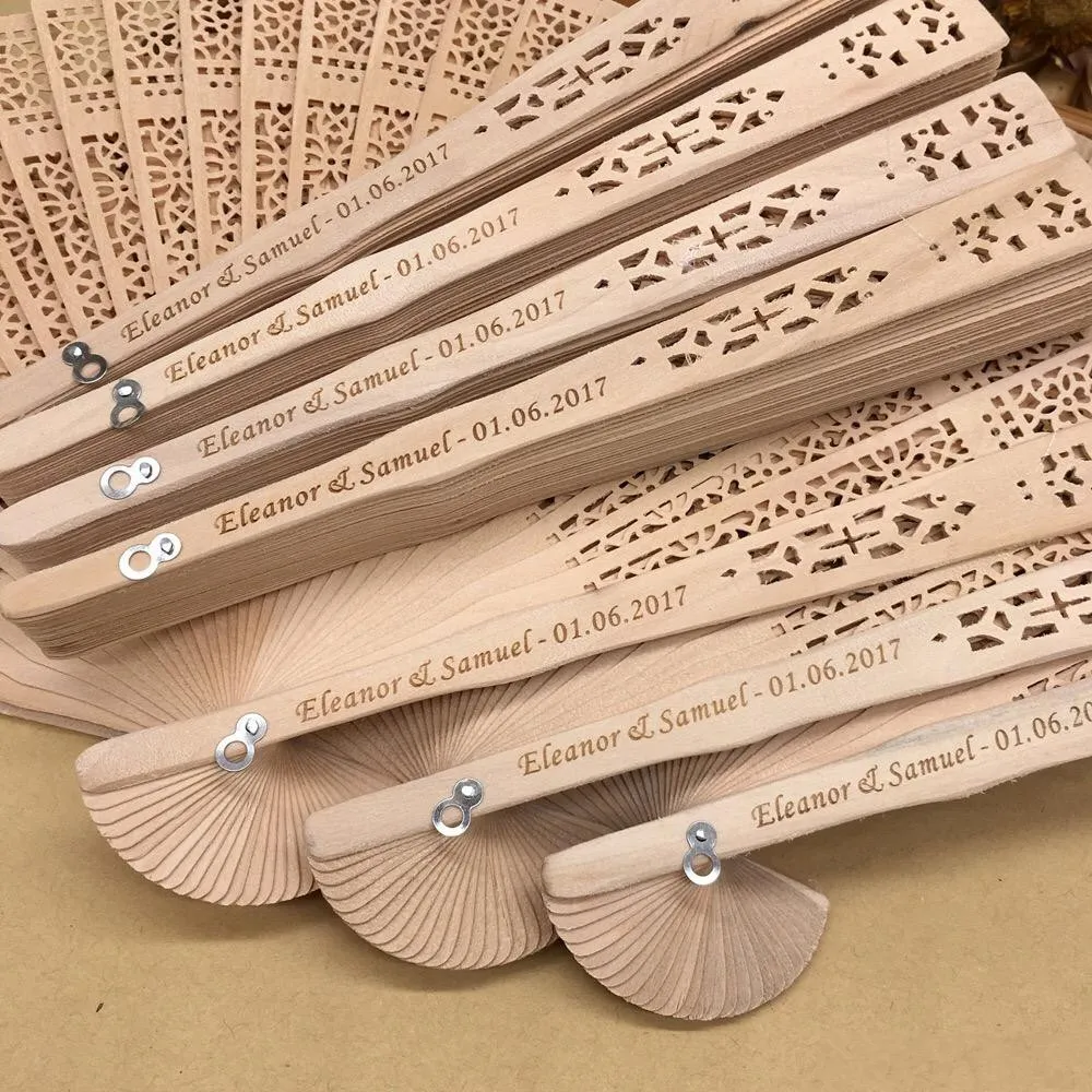 Personalized Handheld Fans Chinese Sandalwood Fan Custom Made Names Words Hollow Out Hand Fans Summer Wedding Party Favor Supplies Gifts ZZ