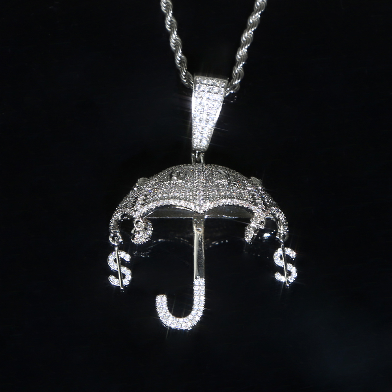 Specail Fashion Designer Silver Gold Color Umbrella Charm with Rope Chain Pendant Necklace Hip Hop Women Men Full Paved 5A Cubic Zirconia Party Gift J