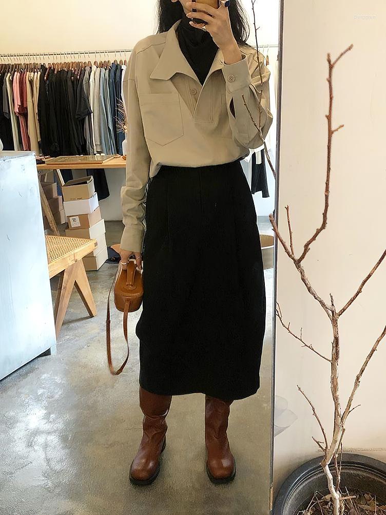 Korean Style Women's Turtleneck Blouse | Chic Oversized Button-Up Long Sleeve Tee B4