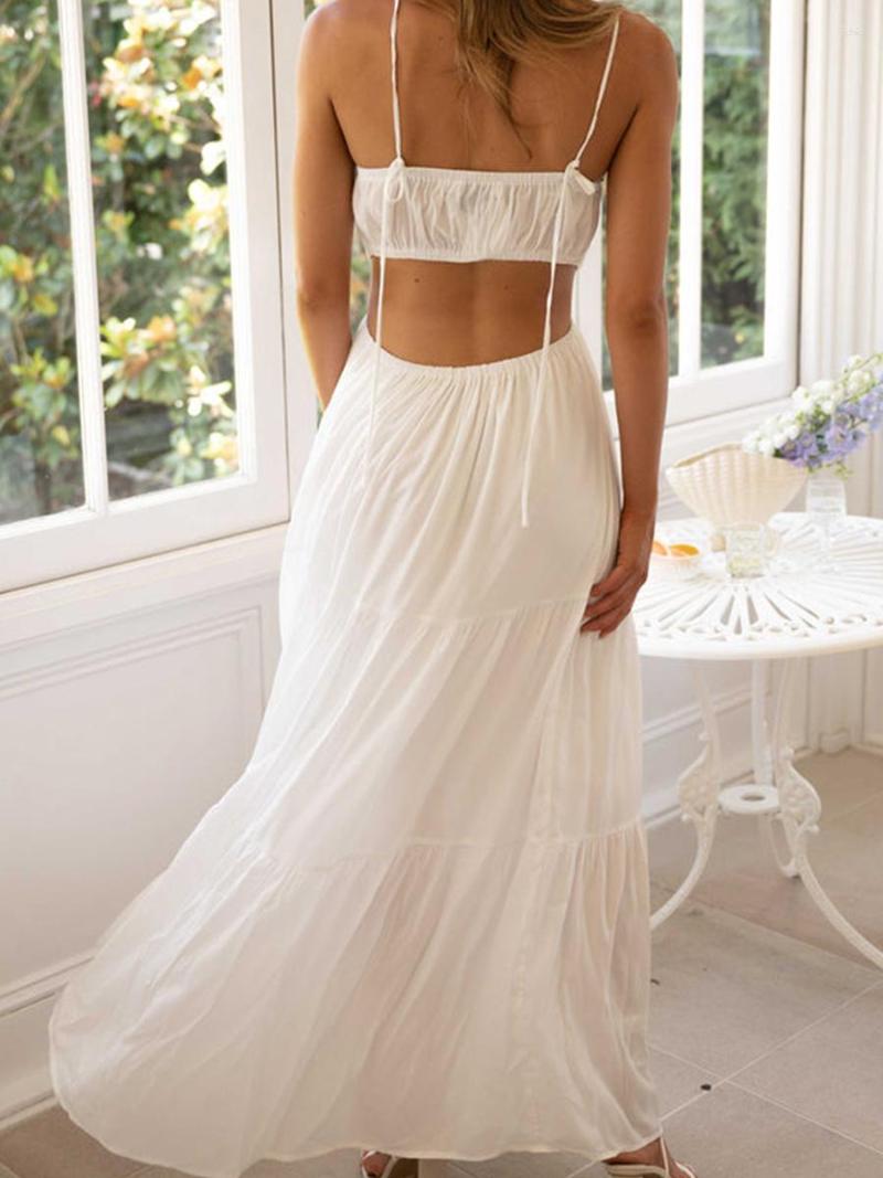 Casual Dresses Women Elegant Cutout Long Dress Low Cut Spaghetti Strap Backless A-line Evening Gown Formal Party Beach Sundress