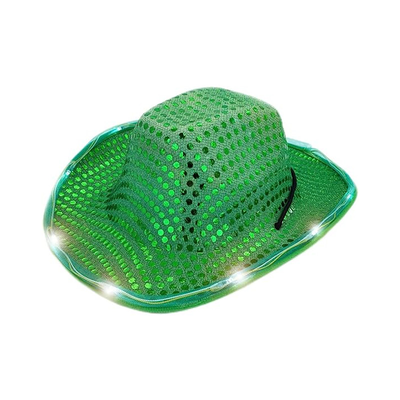 Luminous Cowboy LED Hat Flashing White Light Up Shiny Night Sequined Cowgirl Hats With Adjustable Windproof Cord For Halloween Costume Party Accessori