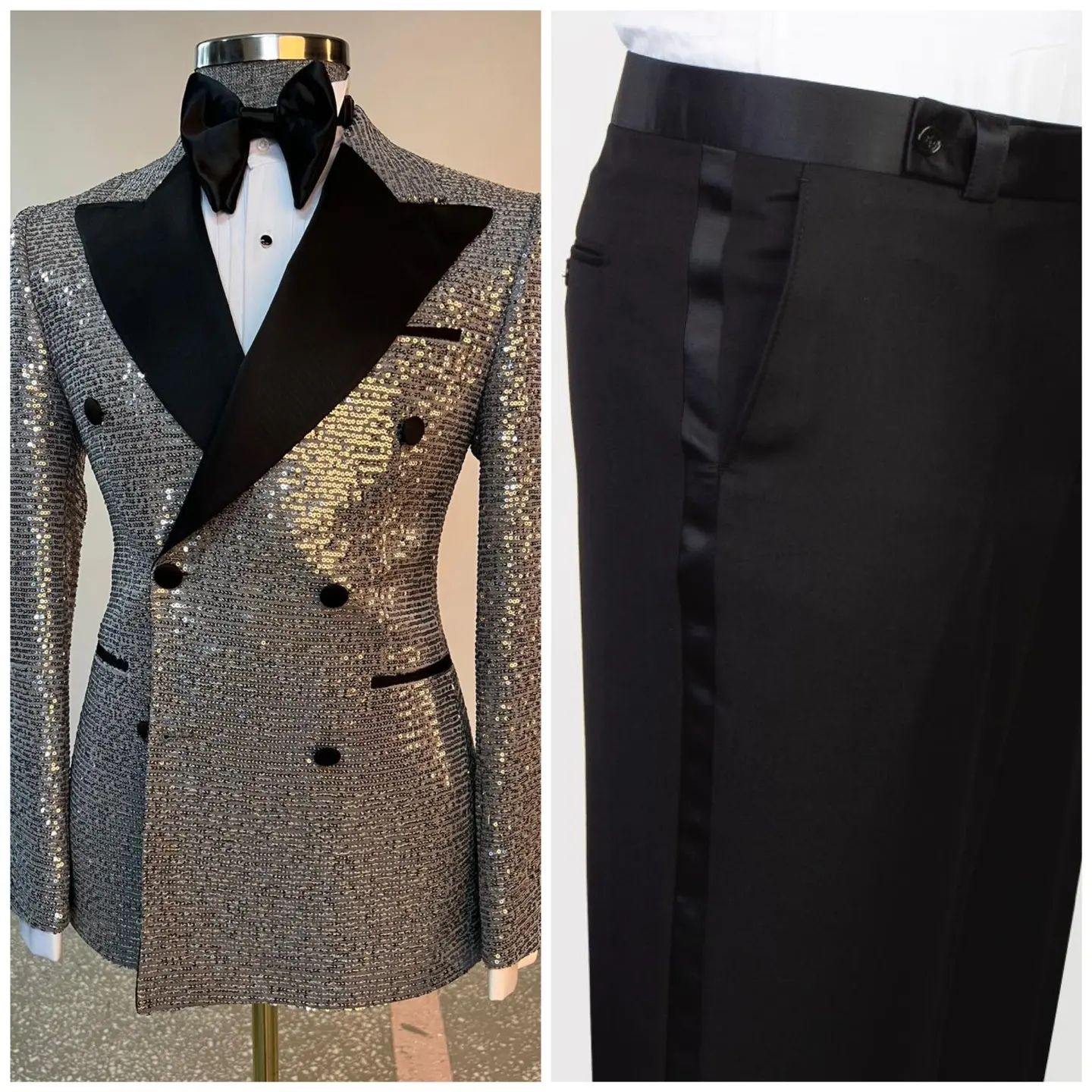 Sparkly Men Suits For Wedding Peaked Lapel Groom Wear Double Breasted Tuxedos 2 Pcs Coat With Pants Prom Evening Party Customize