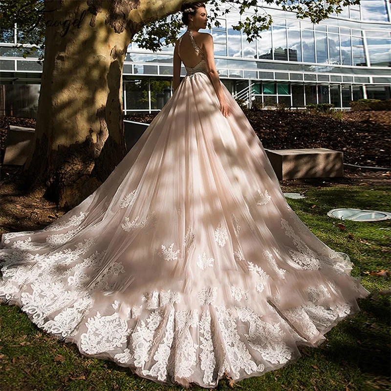 Halter Lace Appliques Wedding Dress Princess Backless Bridal Gowns 2024 Romantic Tulle Sweep Train Ball Gown
