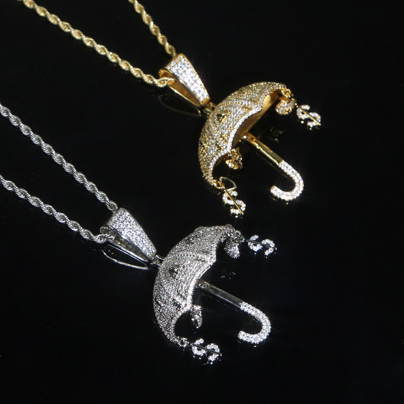 Specail Fashion Designer Silver Gold Color Umbrella Charm with Rope Chain Pendant Necklace Hip Hop Women Men Full Paved 5A Cubic Zirconia Party Gift J