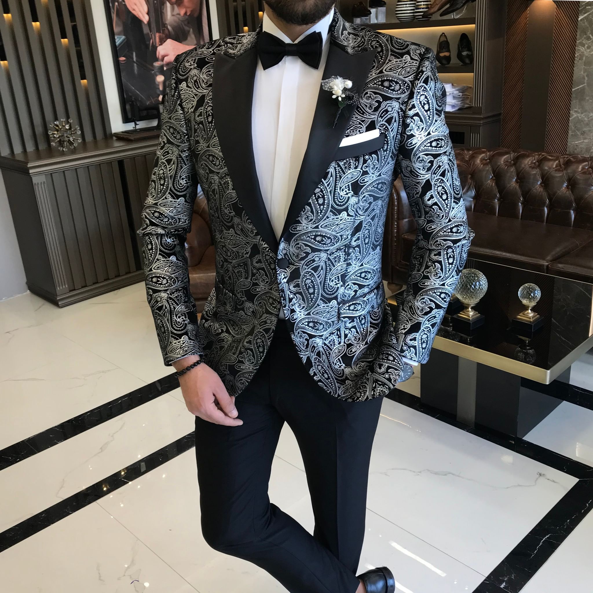 Floral Jacquard Suits For Men Wedding Tuxedos Fashion Groom Wear Formal Business Classic 2 Pcs Jacket Pants Customize