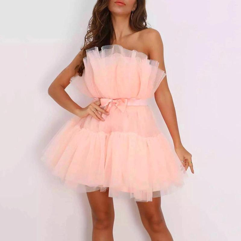 Casual Dresses Off Shoulder Frill Trim Sheer Mesh Swing Dress Women Bow High Waist Mini Fluffy Skirts Strapless Sexy Ruffles Evening