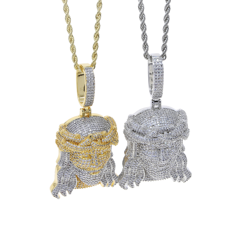 Fashion Designer Bling Jesus Christ Head Pendant Charm Necklace Hip Hop Women Men Full Paved Pink Blue 5A Cubic Zirconia Party Gift Jewelry