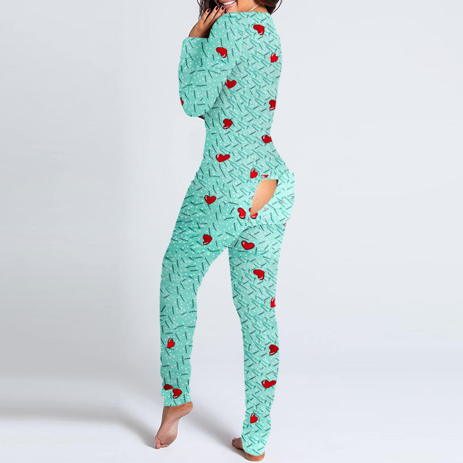 Women's Jumpsuits Rompers Women V-neck Print Long Sleeve Button-down Front Functional Buttoned Flap Adults Jumpsuit Bodycon Sleepwear Nightwear S