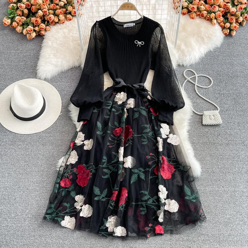 Casual Dresses Mesh Embroidery Patchwork Knitting Dress Women O Neck Long Sleeve Bandage Vintage Elegant Evening Party Spring Autumn