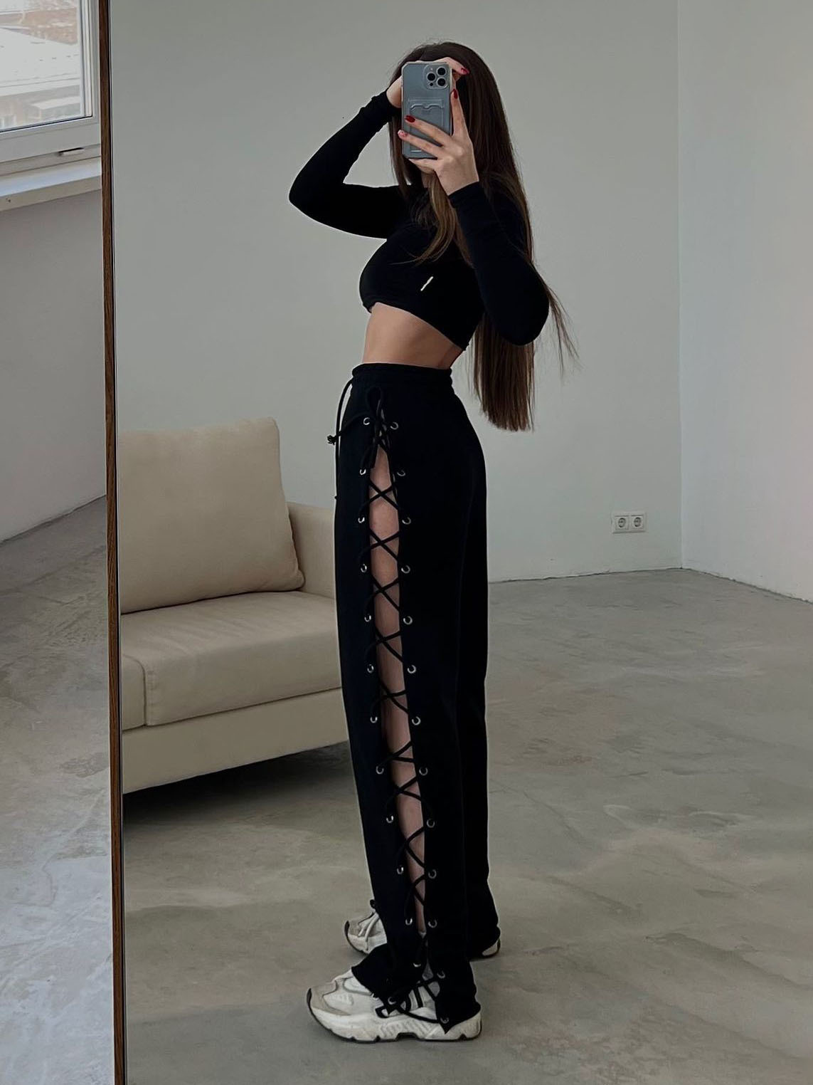 Women's Pants Capris TARUXY Knitted Slit Hollow Sweatpants Women Solid Tie High Waist Loose Summer Trousers For Ladies Casual Streetwear Pants Wo