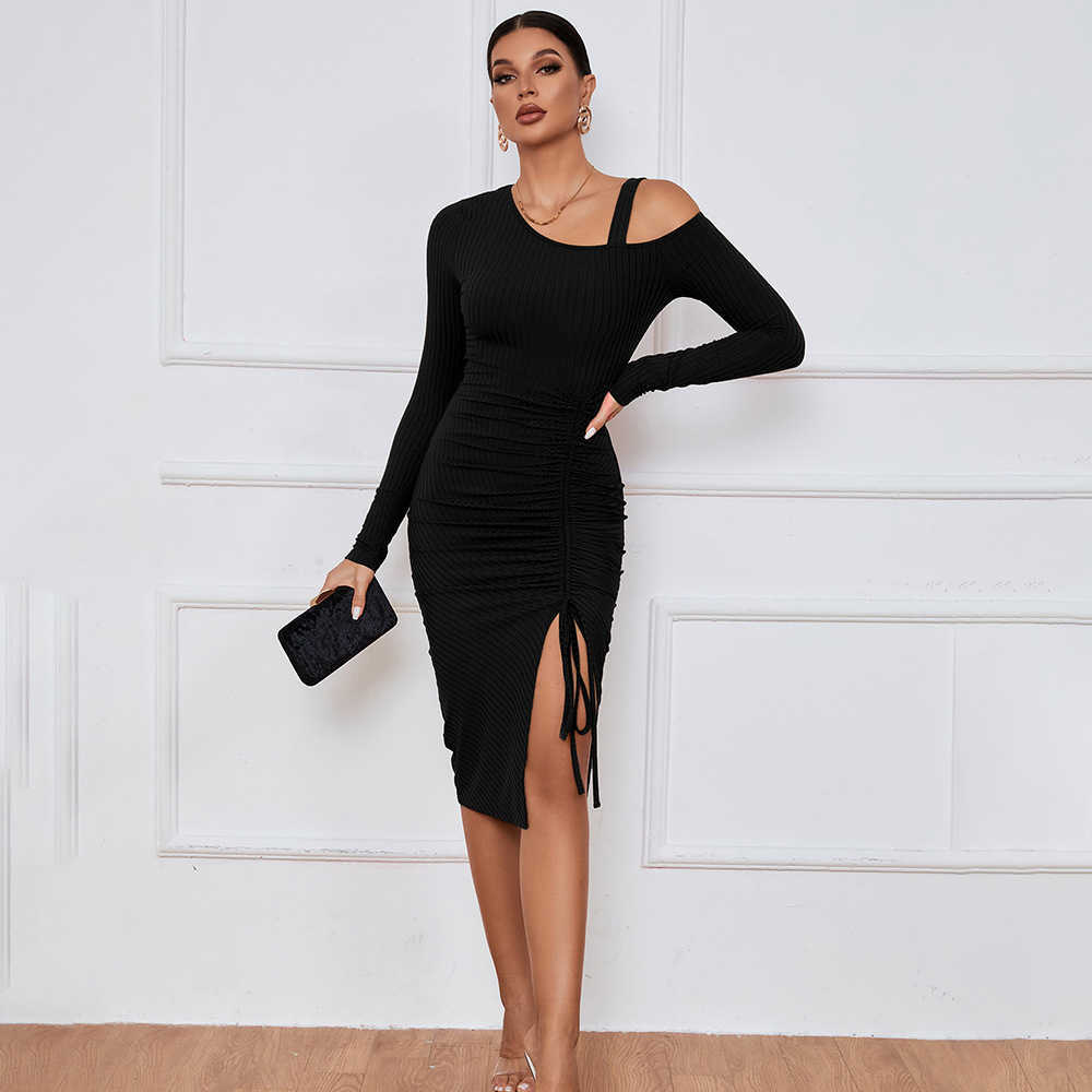 Womens Dress Split Off Shoulder Autumn Winter Wrap Hip Long Sleeve Fashion Dress