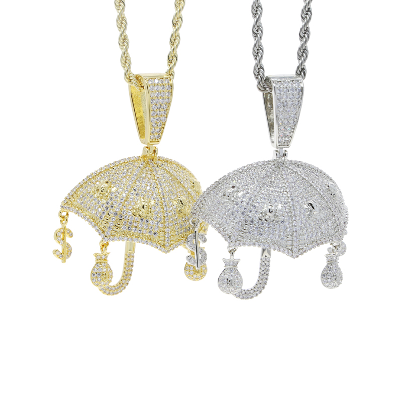 Specail Fashion Designer Silver Gold Color Umbrella Charm with Rope Chain Pendant Necklace Hip Hop Women Men Full Paved 5A Cubic Zirconia Party Gift J