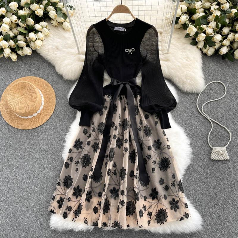 Casual Dresses Mesh Embroidery Patchwork Knitting Dress Women O Neck Long Sleeve Bandage Vintage Elegant Evening Party Spring Autumn