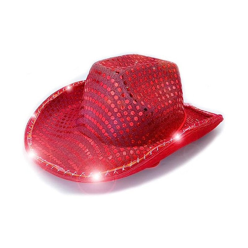 Luminous Cowboy LED Hat Flashing White Light Up Shiny Night Sequined Cowgirl Hats With Adjustable Windproof Cord For Halloween Costume Party Accessori