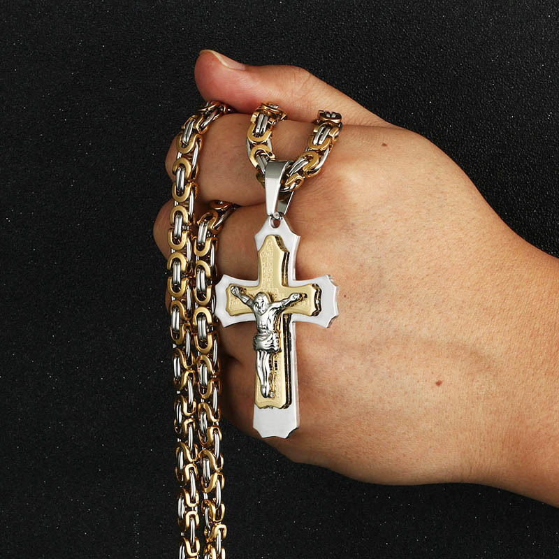 Pendant Necklaces Religious Catholic Crucifix Jesus Cross Necklace for Men Cross Pendent with Bible Necklace Men Byzantine Chain Jewelry Gifts 230814