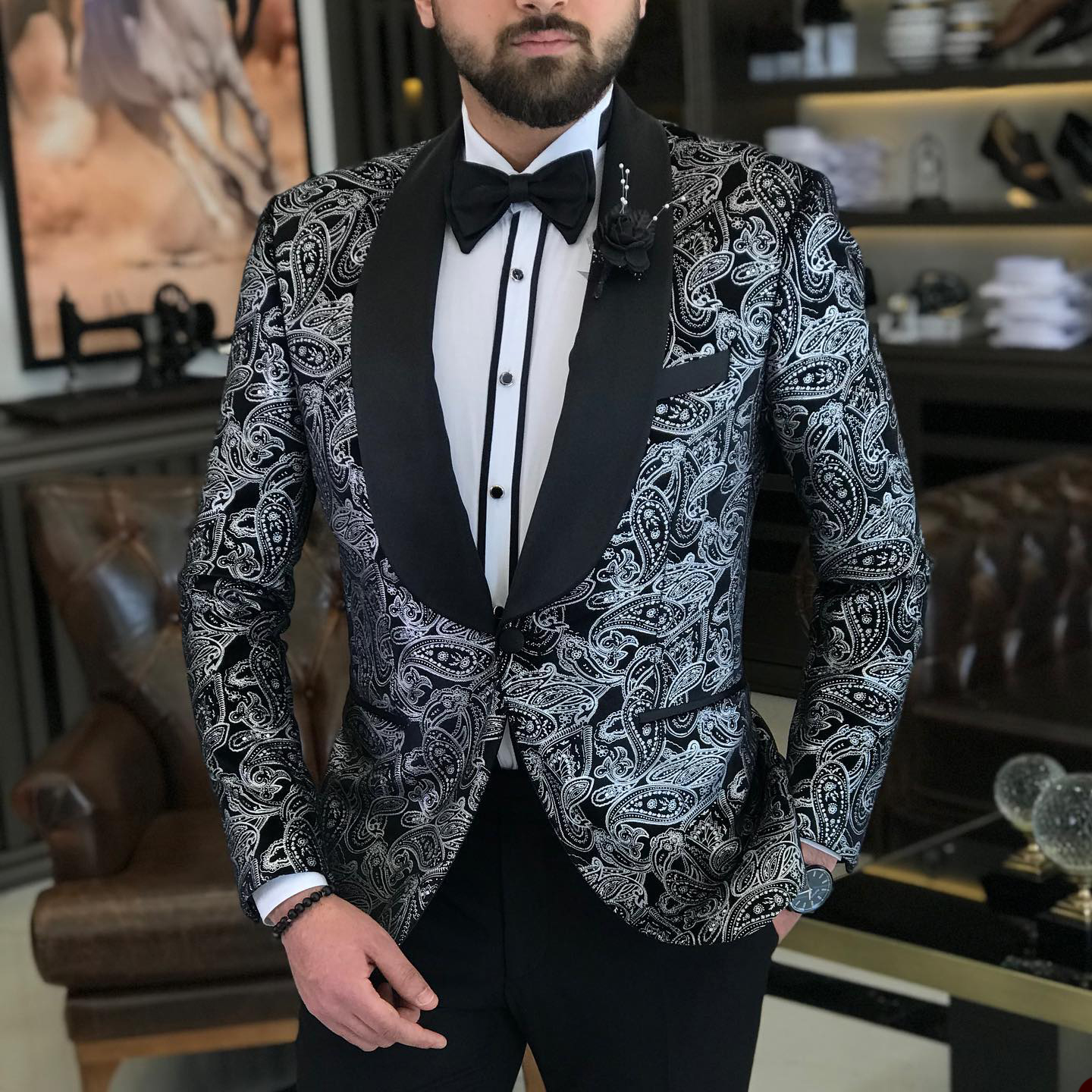Floral Jacquard Suits For Men Wedding Tuxedos Fashion Groom Wear Formal Business Classic 2 Pcs Jacket Pants Customize
