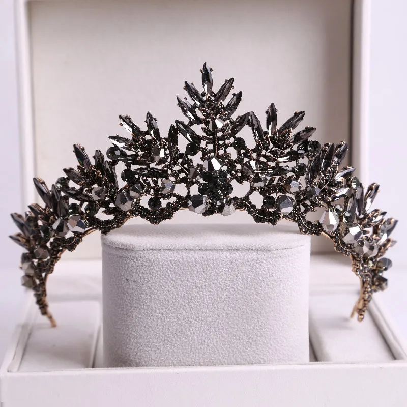 Baroque Black Crystal Big Round Bridal Tiaras Crowns Pageant Prom Diadem Veil Tiara Headband Wedding Accessories ZZ