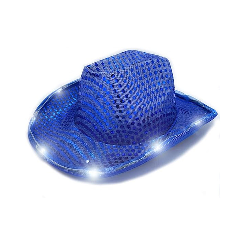 Luminous Cowboy LED Hat Flashing White Light Up Shiny Night Sequined Cowgirl Hats With Adjustable Windproof Cord For Halloween Costume Party Accessori
