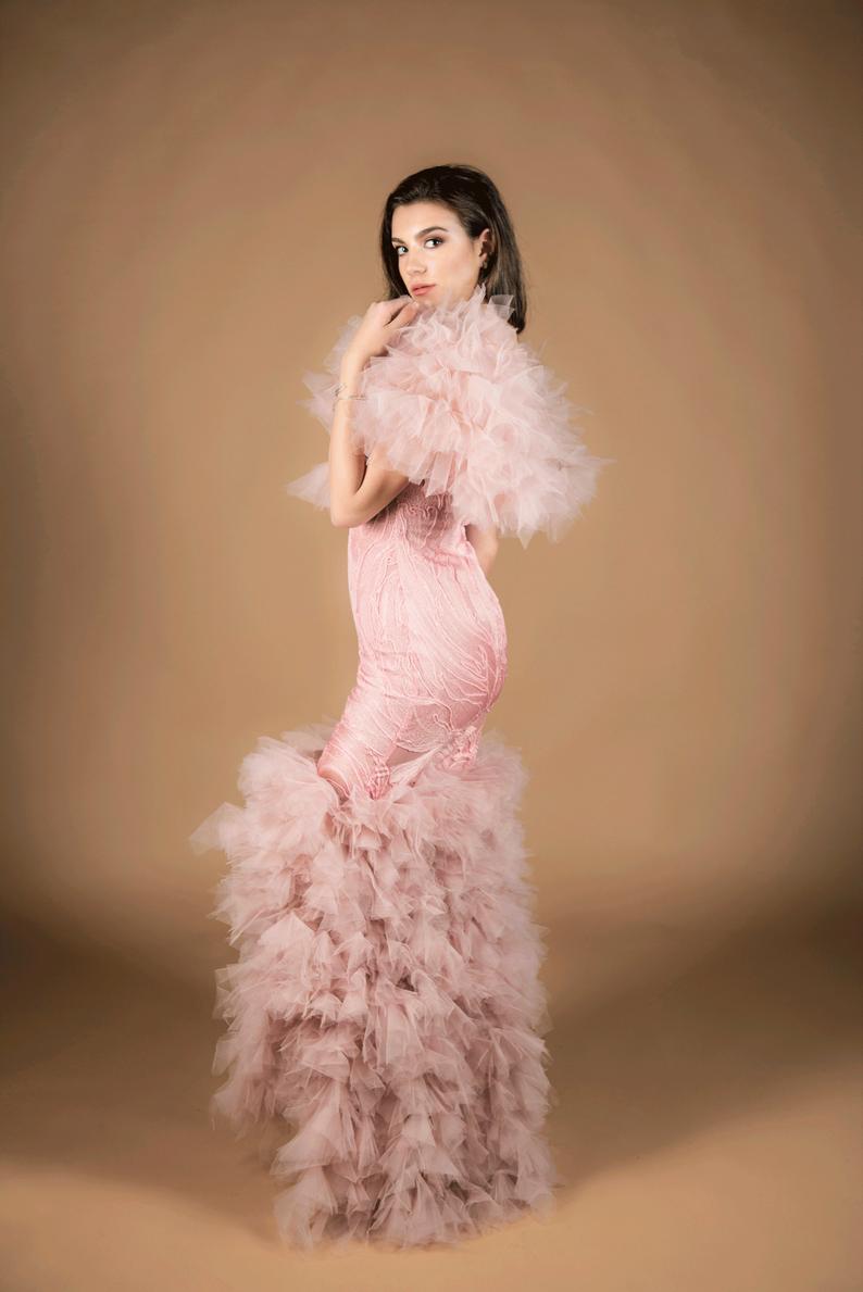 Pink Tulle Mermaid Evening Dresses Elegant V Neck Prom Dress Illusion Tiere Ruffles Ankle Length Formal Party Gowns