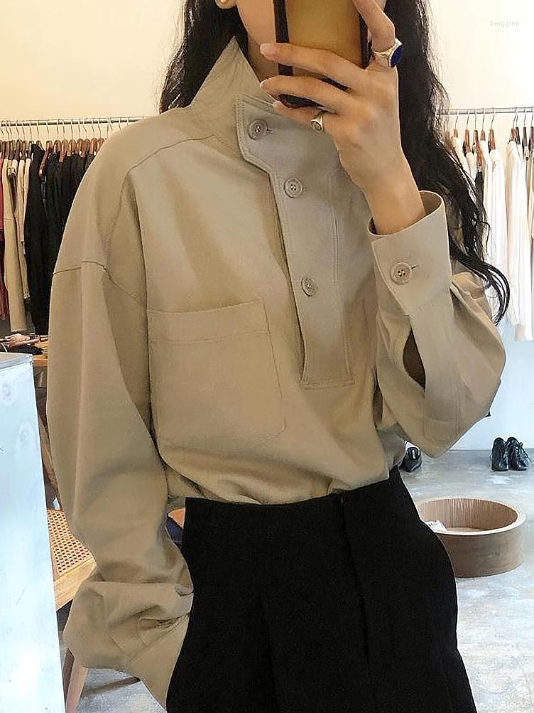 Korean Style Women's Turtleneck Blouse | Chic Oversized Button-Up Long Sleeve Tee B4