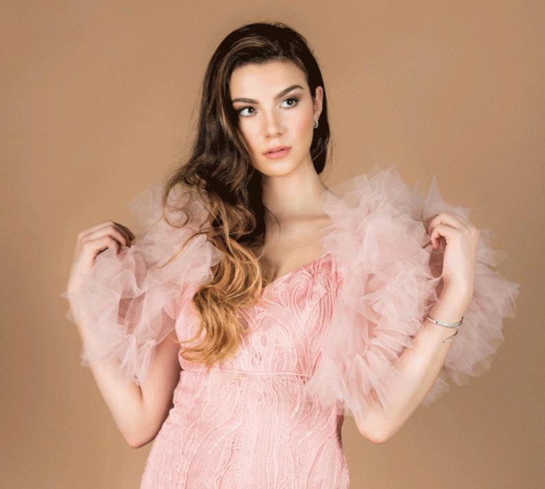 Pink Tulle Mermaid Evening Dresses Elegant V Neck Prom Dress Illusion Tiere Ruffles Ankle Length Formal Party Gowns