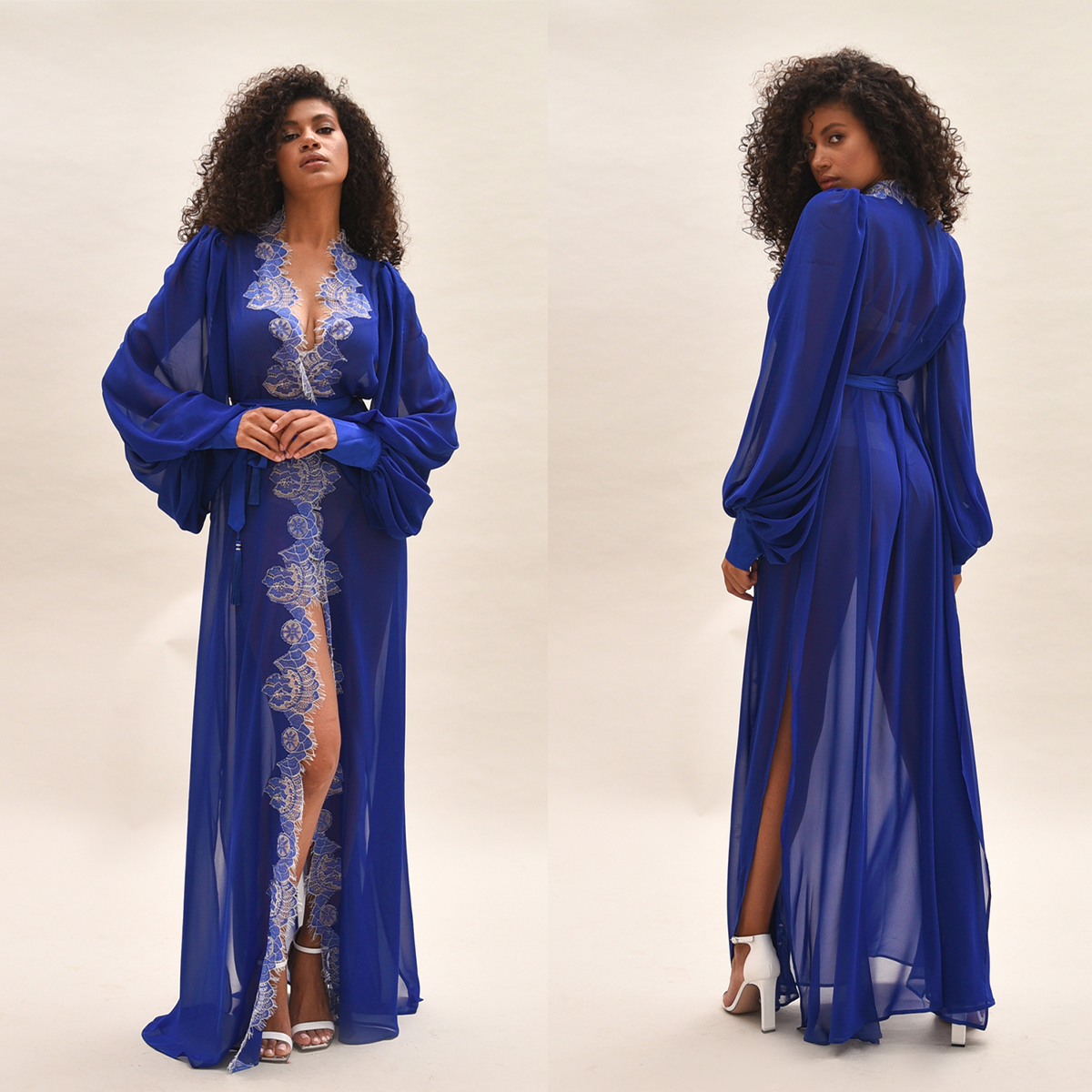 Flowers Appliques Tulle Bridal Robe Sleepwear Long Sleeve Royal Blue Wedding Evening Bathrobe Nightwear Custom Made Robe Gowns