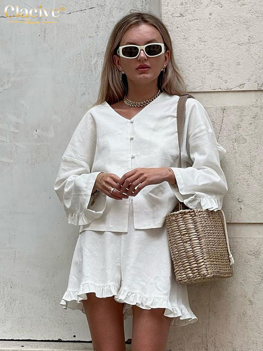 Women's Two Piece Pants Clacive Fashion Beige Linen 2 Set Outfit Casual Loose Long Sleeve Shirts With High Waist Ruffle Shorts Female 230812