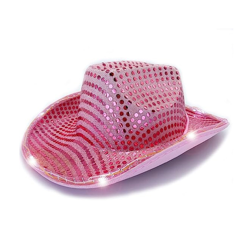 Luminous Cowboy LED Hat Flashing White Light Up Shiny Night Sequined Cowgirl Hats With Adjustable Windproof Cord For Halloween Costume Party Accessori