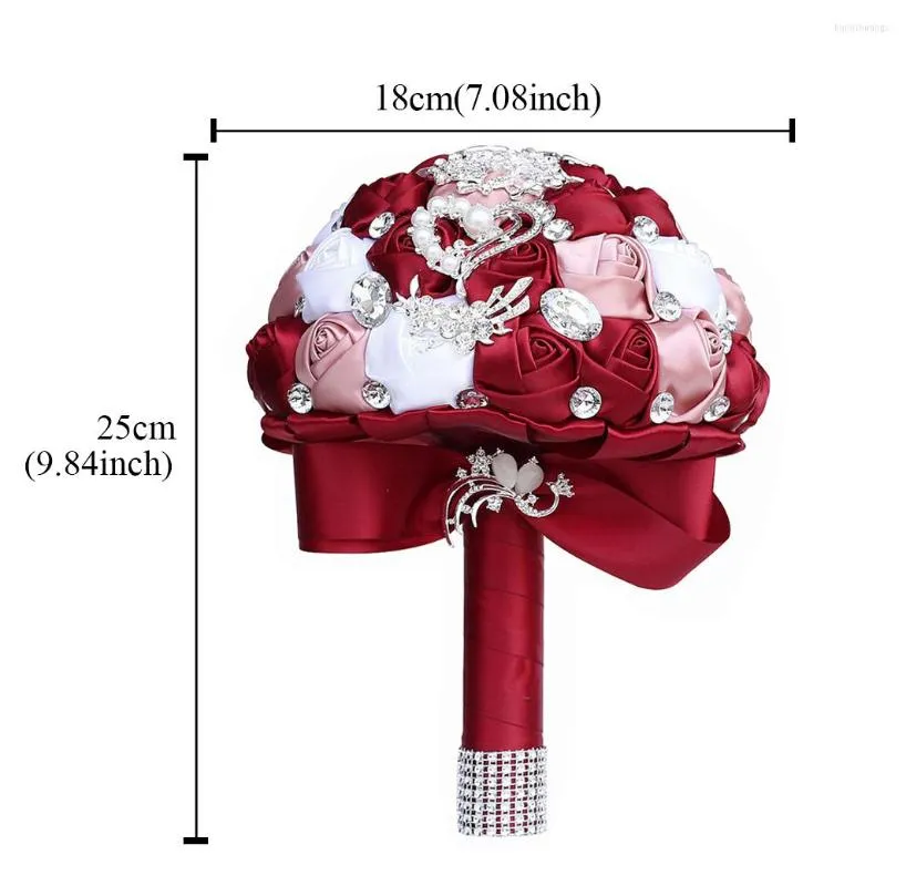 Wedding Flowers Rhinestone Bride Bridesmaid Brooch Bouquet 18cm Wine Red Pearl Diamond Satin Rose Promotion Diy Supplies ZZ