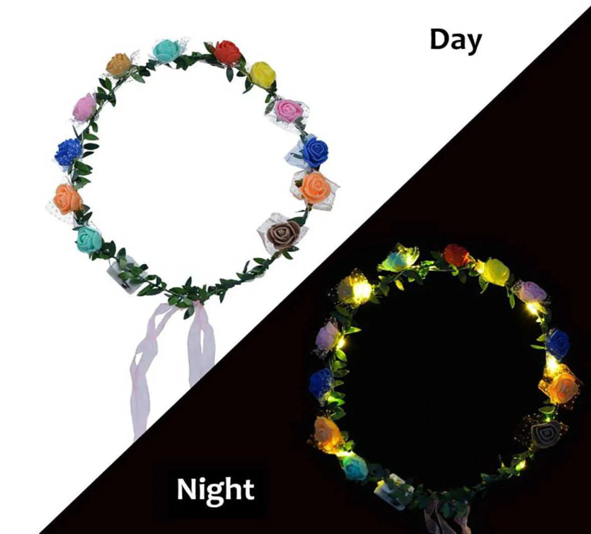 Crown LED Flower Wreath Accessories Light Up Foam Rose Headband Party Birthday Floral Headpiece For Women Girls Wedding BeachZZ